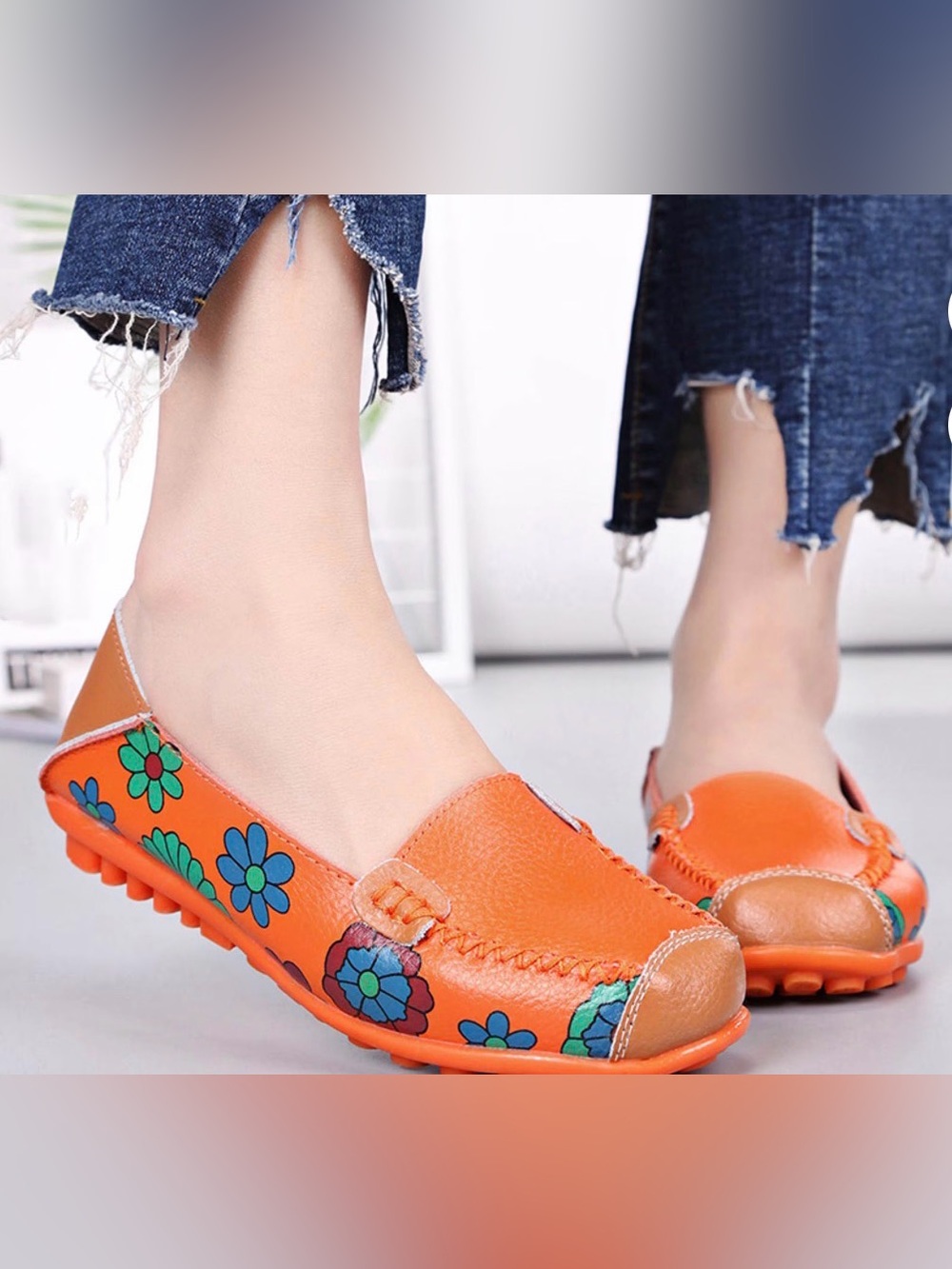 🌸 Orange Floral Leather Slip-On Loafers Moccasins EU 42